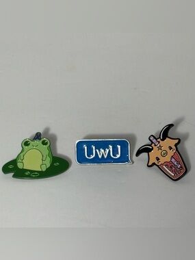Lot of 3 Cute Pins from Hot Topic Featuring a Frog, UWU and Goat Milk Tea